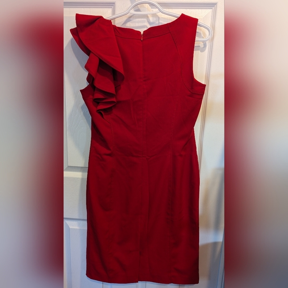 💙 CALVIN KLEIN 💙 Red Sheath Dress with Ruffle - Picture 2 of 7